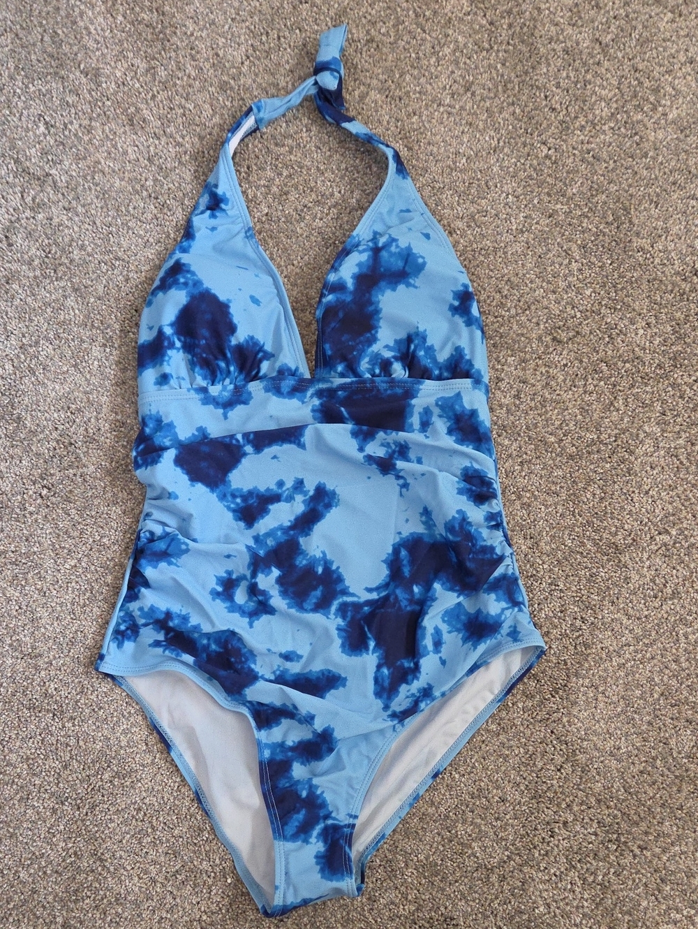 Womens Blue Tie-Dye Halter Top One-Piece Swimsuit